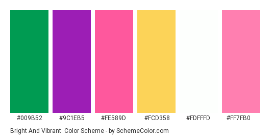 Bright and Vibrant - Color scheme palette thumbnail - #009b52 #9c1eb5 #fe589d #fcd358 #fdfffd #ff7fb0 