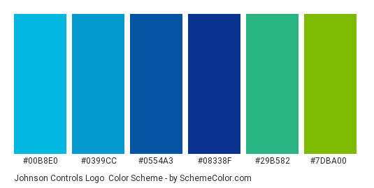 Johnson Controls Logo - Color scheme palette thumbnail - #00B8E0 #0399CC #0554A3 #08338F #29B582 #7DBA00 