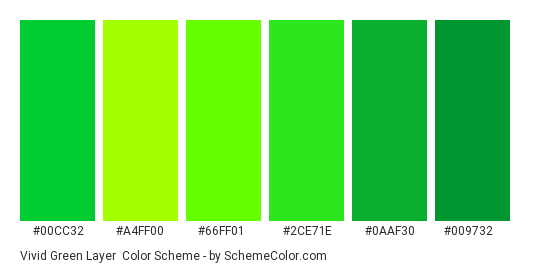 Vivid Green Layer - Color scheme palette thumbnail - #00CC32 #A4FF00 #66FF01 #2CE71E #0AAF30 #009732 