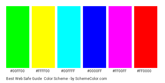 Best Web Safe Guide - Color scheme palette thumbnail - #00FF00 #FFFF00 #00FFFF #0000FF #FF00FF #FF0000 