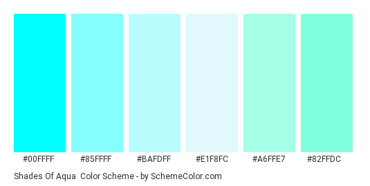 Shades of Aqua - Color scheme palette thumbnail - #00FFFF #85FFFF #BAFDFF #E1F8FC #A6FFE7 #82FFDC 