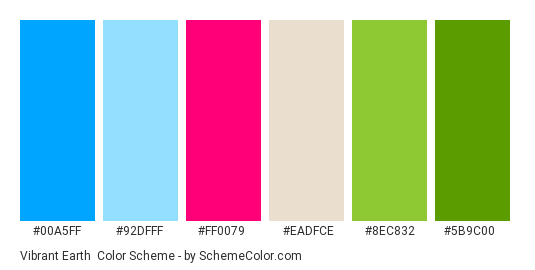 Vibrant Earth - Color scheme palette thumbnail - #00a5ff #92dfff #ff0079 #eadfce #8ec832 #5b9c00 