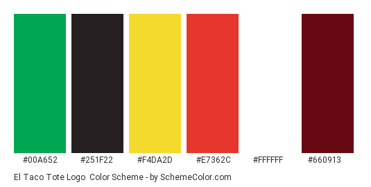 El Taco Tote Logo - Color scheme palette thumbnail - #00a652 #251f22 #f4da2d #e7362c #ffffff #660913 