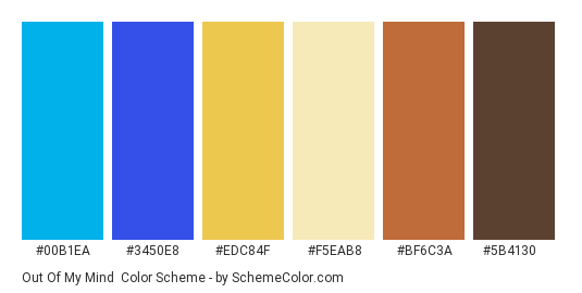 Out of My Mind - Color scheme palette thumbnail - #00b1ea #3450e8 #edc84f #f5eab8 #bf6c3a #5b4130 
