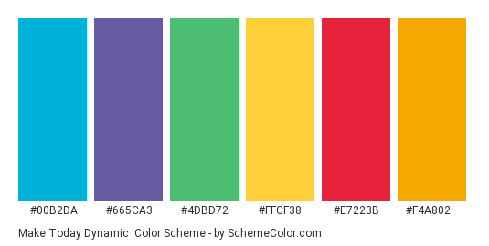 Make Today Dynamic - Color scheme palette thumbnail - #00b2da #665ca3 #4dbd72 #ffcf38 #e7223b #f4a802 