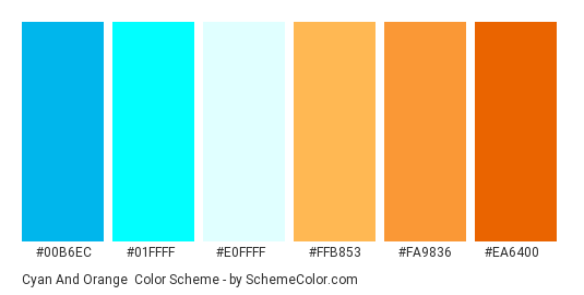 Cyan and Orange - Color scheme palette thumbnail - #00b6ec #01ffff #e0ffff #ffb853 #fa9836 #ea6400 