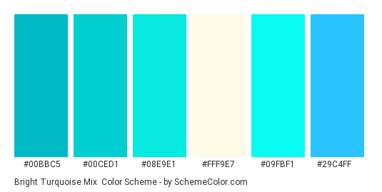 Bright Turquoise Mix - Color scheme palette thumbnail - #00bbc5 #00ced1 #08e9e1 #fff9e7 #09fbf1 #29c4ff 