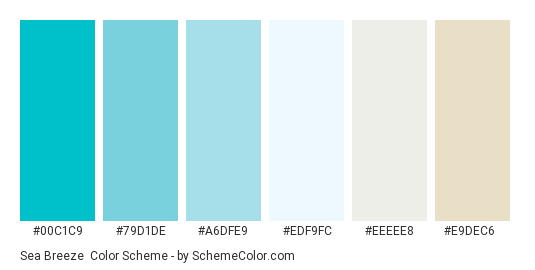 Sea Breeze - Color scheme palette thumbnail - #00c1c9 #79d1de #a6dfe9 #edf9fc #eeeee8 #e9dec6 