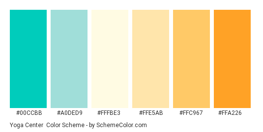 Yoga Center - Color scheme palette thumbnail - #00ccbb #a0ded9 #fffbe3 #ffe5ab #ffc967 #ffa226 