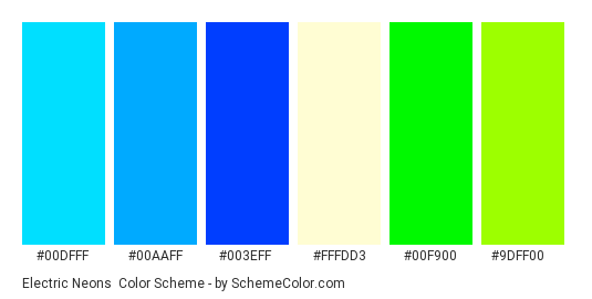 Electric Neons - Color scheme palette thumbnail - #00dfff #00aaff #003eff #fffdd3 #00f900 #9dff00 