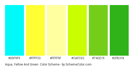 Aqua, Yellow and Green - Color scheme palette thumbnail - #00f9f9 #ffff33 #ffff9f #cafc02 #74ce19 #2fb318 