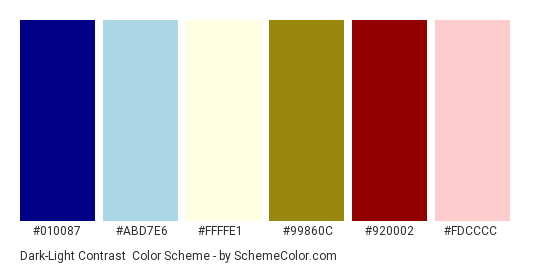 Dark-Light Contrast - Color scheme palette thumbnail - #010087 #abd7e6 #ffffe1 #99860c #920002 #fdcccc 