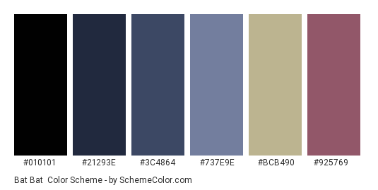 Bat Bat - Color scheme palette thumbnail - #010101 #21293E #3C4864 #737E9E #BCB490 #925769 