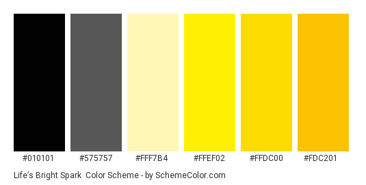 Life’s Bright Spark - Color scheme palette thumbnail - #010101 #575757 #fff7b4 #ffef02 #ffdc00 #fdc201 