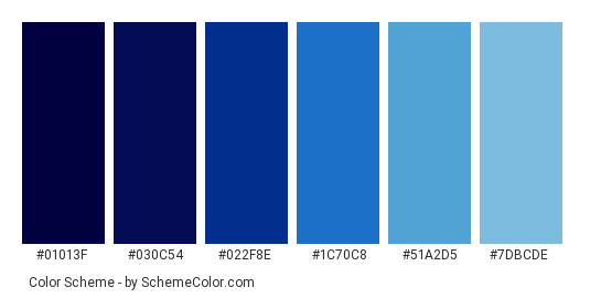 Deep Blue Sea - Color scheme palette thumbnail - #01013f #030c54 #022f8e #1c70c8 #51a2d5 #7dbcde 