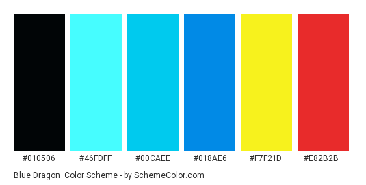 Blue Dragon - Color scheme palette thumbnail - #010506 #46fdff #00caee #018ae6 #f7f21d #e82b2b 