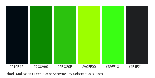 Black and Neon Green - Color scheme palette thumbnail - #010B12 #0C8900 #2BC20E #9CFF00 #39FF13 #1E1F21 