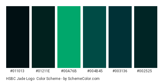 HSBC Jade Logo - Color scheme palette thumbnail - #011013 #01211e #00a76b #004b45 #003136 #002525 