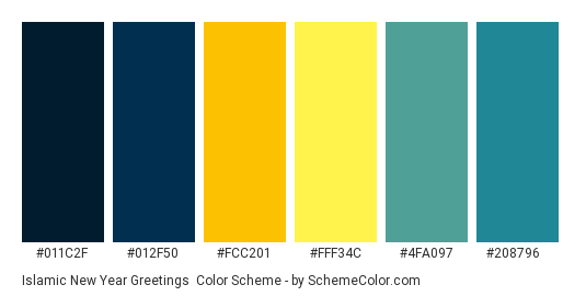 Islamic New Year Greetings - Color scheme palette thumbnail - #011C2F #012F50 #FCC201 #FFF34C #4FA097 #208796 