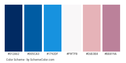 Beautiful Lightning - Color scheme palette thumbnail - #012a62 #005ca3 #1792df #f9f7f8 #e6b3b8 #bb819a 