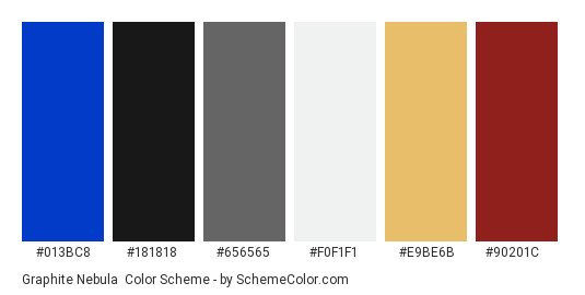 Graphite Nebula - Color scheme palette thumbnail - #013BC8 #181818 #656565 #F0F1F1 #E9BE6B #90201C 