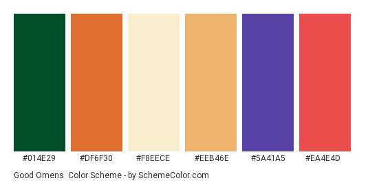 Good Omens - Color scheme palette thumbnail - #014E29 #DF6F30 #F8EECE #EEB46E #5A41A5 #EA4E4D 