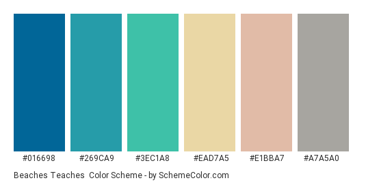Beaches Teaches - Color scheme palette thumbnail - #016698 #269CA9 #3EC1A8 #EAD7A5 #E1BBA7 #A7A5A0 
