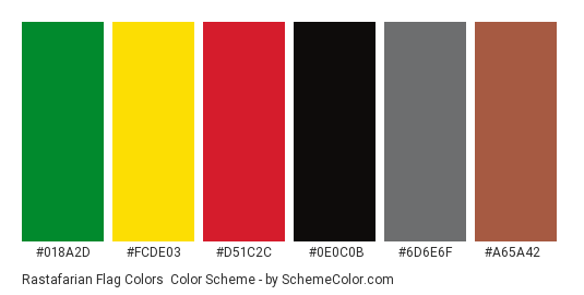 Rastafarian Flag Colors - Color scheme palette thumbnail - #018a2d #fcde03 #d51c2c #0e0c0b #6d6e6f #a65a42 