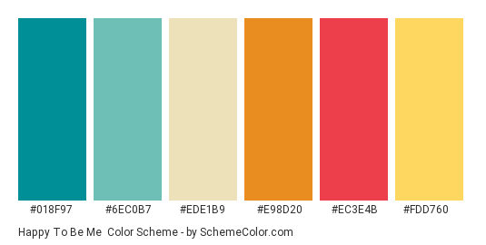 Happy To Be Me - Color scheme palette thumbnail - #018f97 #6ec0b7 #ede1b9 #e98d20 #ec3e4b #fdd760 