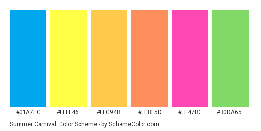 Summer Carnival - Color scheme palette thumbnail - #01a7ec #ffff46 #ffc94b #fe8f5d #fe47b3 #80da65 