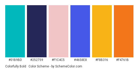 Colorfully Bold & Bright - Color scheme palette thumbnail - #01b9bd #252759 #f1c4c5 #4658e8 #f8b316 #f4761b 