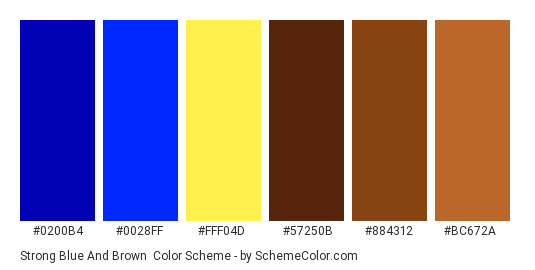 Strong Blue and Brown - Color scheme palette thumbnail - #0200b4 #0028ff #fff04d #57250b #884312 #bc672a 