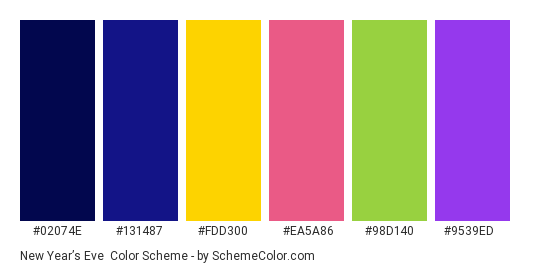 New Year’s Eve - Color scheme palette thumbnail - #02074e #131487 #fdd300 #ea5a86 #98d140 #9539ed 