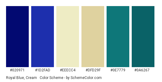 Royal Blue, Cream & Teal - Color scheme palette thumbnail - #020971 #1D2FAD #EEECC4 #DFD29F #0E7779 #0A6267 
