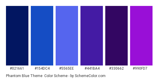 Phantom Blue Theme - Color scheme palette thumbnail - #021661 #154DC4 #5565EE #441BA4 #330662 #990FD7 