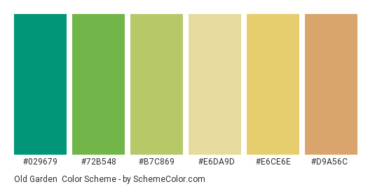 Old Garden - Color scheme palette thumbnail - #029679 #72b548 #b7c869 #e6da9d #e6ce6e #d9a56c 