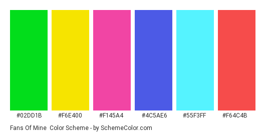 Fans of Mine - Color scheme palette thumbnail - #02dd1b #f6e400 #f145a4 #4c5ae6 #55f3ff #f64c4b 