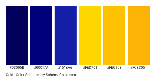Gold & Navy Blue - Color scheme palette thumbnail - #03005b #00017a #151ea6 #fed701 #fec203 #fcb305 