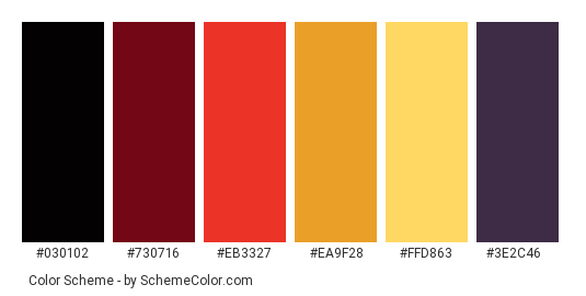 Desert Landscape - Color scheme palette thumbnail - #030102 #730716 #eb3327 #ea9f28 #ffd863 #3e2c46 