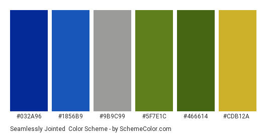 Seamlessly Jointed - Color scheme palette thumbnail - #032a96 #1856b9 #9b9c99 #5f7e1c #466614 #cdb12a 