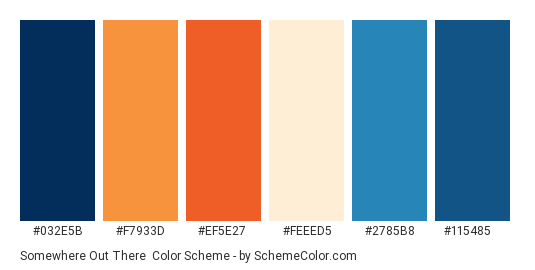 Somewhere Out There - Color scheme palette thumbnail - #032e5b #f7933d #ef5e27 #feeed5 #2785b8 #115485 