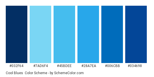 Cool Blues - Color scheme palette thumbnail - #032f64 #7ad6f4 #45bdee #28a7ea #006cbb #034698 