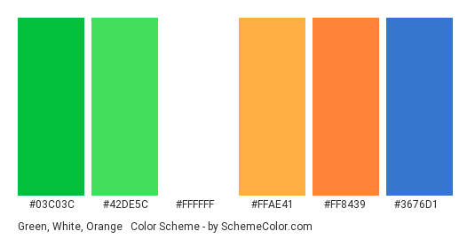 Green, White, Orange & Blue - Color scheme palette thumbnail - #03C03C #42DE5C #FFFFFF #FFAE41 #FF8439 #3676D1 