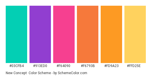 New Concept - Color scheme palette thumbnail - #03CFB4 #913ED0 #F64090 #F6793B #FD9A23 #FFD25E 