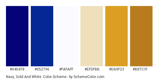 Navy, Gold and White - Color scheme palette thumbnail - #040478 #052796 #FAFAFF #EFDFBB #DA9F23 #B87C1F 