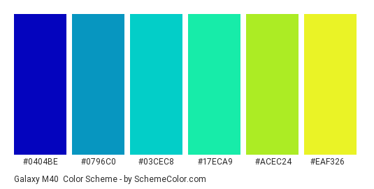 Galaxy M40 - Color scheme palette thumbnail - #0404BE #0796C0 #03CEC8 #17ECA9 #ACEC24 #EAF326 