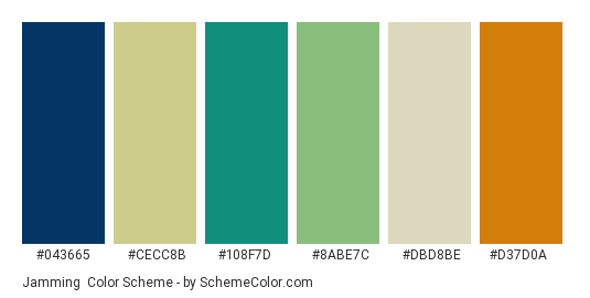 Jamming - Color scheme palette thumbnail - #043665 #cecc8b #108f7d #8abe7c #dbd8be #d37d0a 
