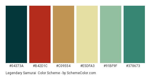 Legendary Samurai - Color scheme palette thumbnail - #04373A #B42D1C #C09554 #E5DFA3 #91BF9F #378673 