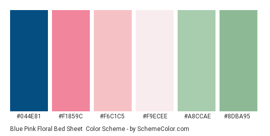 Blue Pink Floral Bed Sheet - Color scheme palette thumbnail - #044e81 #f1859c #f6c1c5 #f9ecee #a8ccae #8dba95 