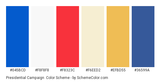 Presidential Campaign - Color scheme palette thumbnail - #045bcd #f8f8f8 #f8323c #f6eed2 #efbd55 #36599a 
